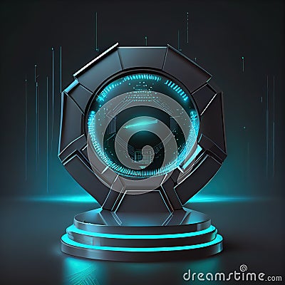 magic portals, futuristic podium in blue neon Stock Photo