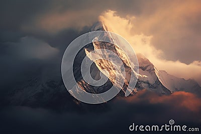 Generative AI Majestic foggy morning in snowy mountains with craggy peak First light from sunrise on Mount Machhap Stock Photo