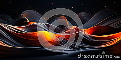 Majestic waves of black and glowing orange silk against a starry night sky, conveying a sense of calm, cosmic beauty, and abstract Stock Photo