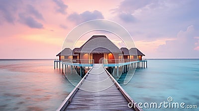 Generative AI, Maldives travel destination, Water hotel resort bungalows. Stock Photo