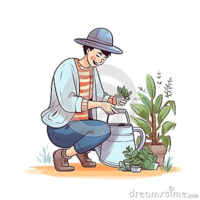 Generative AI Male Gardener Watering Plant- Stock Photo