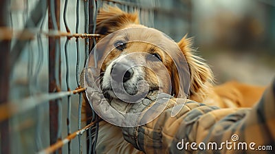 Generative AI Male hand petting stray dog in pet shelter People Animals Volunteering And Helping Concept business Stock Photo