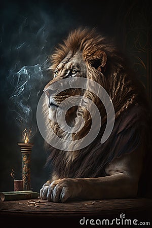 Generative AI. Male lion is sitting on a table Stock Photo