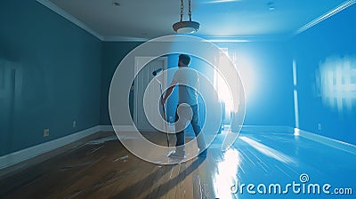 Generative AI Before and After of Man Painting Roller to Reveal Newly Remodeled Room with Fresh Blue Paint and New Stock Photo