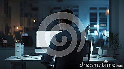 Generative AI Man sitting alone in office late at night watching computer and solving problem working overhours. b Stock Photo