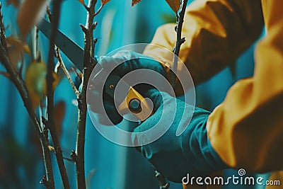Generative AI, Men's hands Pruning branches on trees, using knives and scissors Stock Photo