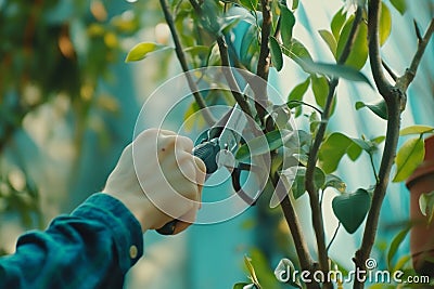 Generative AI, Men's hands Pruning branches on trees, using knives and scissors Stock Photo