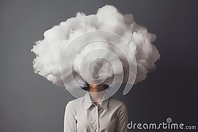 Generative AI Mental Health Concept Image Showing Unhappy Woman With Head In Storm Cloud Against Grey Background Stock Photo