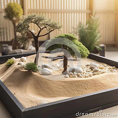 Generative AI, miniature zen garden with sand and Bonsai style trees. Stock Photo