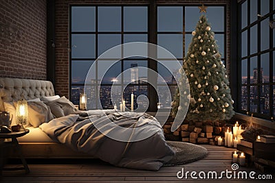 Generative AI Modern festive design with a Christmas tree and candles at home. The interior of the loft-style bedroom Stock Photo