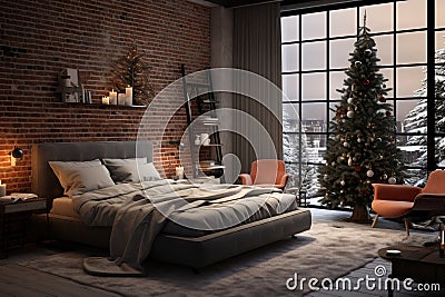 Generative AI Modern festive design with a Christmas tree and candles at home. The interior of the loft-style bedroom Stock Photo