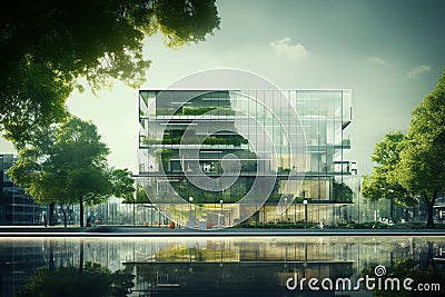 Generative ai: modern office building with green trees Stock Photo