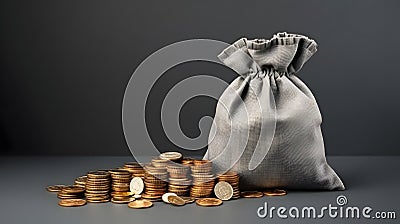 Generative AI Money bag and coins steps up on a gray background. Template Copy space for text. mock-up business c Stock Photo