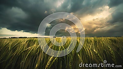 Generative AI Natural rural summer panoramic landscape Wheat field against stormy sky with dark clouds Nature befo Stock Photo