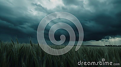 Generative AI Natural rural summer panoramic landscape Wheat field against stormy sky with dark clouds Nature befo Stock Photo