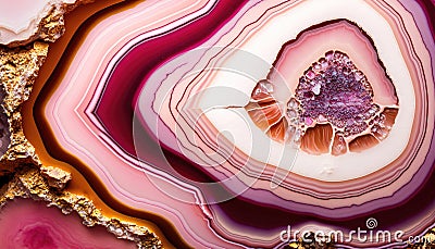 Generative AI, natural volcanic agate stones close-up pink magenta and golden texture Stock Photo