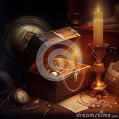 Generative AI: old treasure box with relics lit by candle Stock Photo