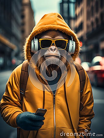 Generative AI. Orangutan with sunglasses and headphones, on the street with yellow sweatshirt, using its smartphone Stock Photo