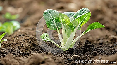 Generative AI Pak choi seedling sprouting in soil Bok choy pok choi or chinese cabbage in soil Organic farming con Stock Photo