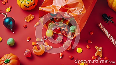 Generative AI Paper bag of tasty candies and Halloween decorations on red background flat lay business concept. Stock Photo