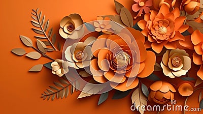 Generative AI, Paper cut craft flowers and leaves, apricot crush orange color, origami textured background Stock Photo