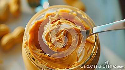 Generative AI Peanut butter in an open jar Empty peanut butter container The last spoonful of delicious pasta snac Stock Photo