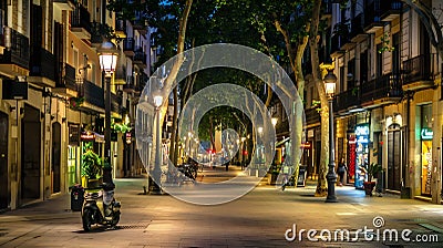 Generative AI Pedestrian street of European city at night Sant Adria de Besos Barcelona business concept. Stock Photo