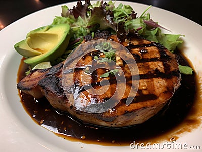 generative AI. Perfectly Grilled Pork Chop Steak with a Mouthwatering Aroma Stock Photo