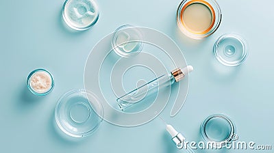 Generative AI Petri dishes with samples of cosmetic serums bottle and pipettes on light blue background flat lay b Stock Photo