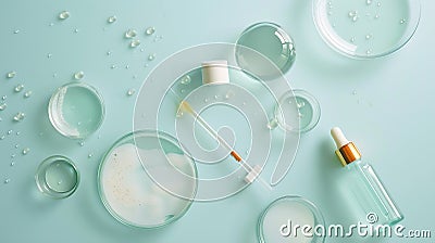 Generative AI Petri dishes with samples of cosmetic serums bottle and pipettes on light blue background flat lay b Stock Photo