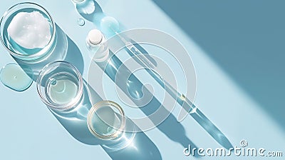 Generative AI Petri dishes with samples of cosmetic serums bottle and pipettes on light blue background flat lay b Stock Photo