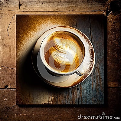 Generative AI picture of top view of cup of aromatic delicious cappuccino with latte art served on wooden board on table Stock Photo