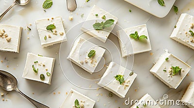 Generative AI Pieces of tasty vegan tofu cheesecake and spoons on white table flat lay business concept. Stock Photo