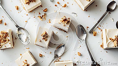 Generative AI Pieces of tasty vegan tofu cheesecake and spoons on white table flat lay business concept. Stock Photo