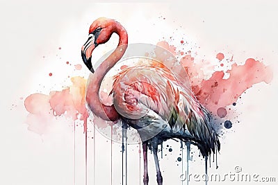 Generative AI. Portret of a Flamingo bird, watercolor painting. Cartoon Illustration