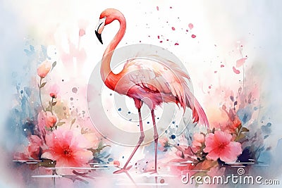 Generative AI. Portret of a Flamingo bird, watercolor painting. Red flamingo Cartoon Illustration