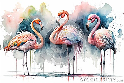 Generative AI. Portret of three Flamingo birds, watercolor painting. Red flamingo Cartoon Illustration