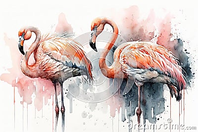 Generative AI. Portret of two Flamingo birds, watercolor painting. Red flamingo Cartoon Illustration