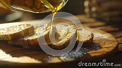 Generative AI Pouring oil onto slices of bread on wooden plate closeup business concept. Stock Photo