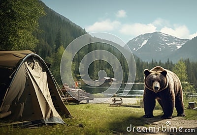 Generative AI. The problem danger of feeding wild animals and the bear coming out to people. A brown bear came to a Stock Photo