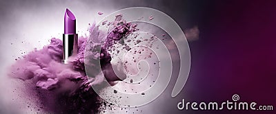 Generative AI, Purple lipstick, powder splashes and smoke on purple Stock Photo