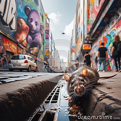 Generative AI rat in urban street gutter Cartoon Illustration