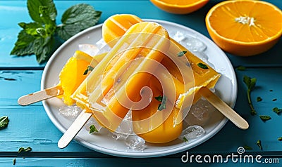 Refreshing Orange Popsicles on White Plate Over Vibrant Blue Wooden Table, Summertime Treats for Cooling Off in the Heat Stock Photo
