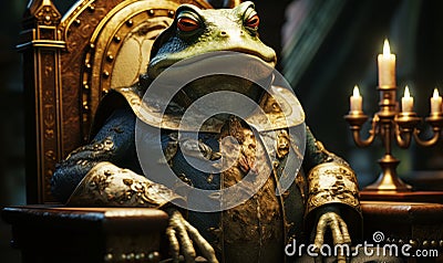 Regal Frog King Sitting on a Golden Throne, a Whimsical Concept Blending Wildlife with Monarchy and Luxury Stock Photo