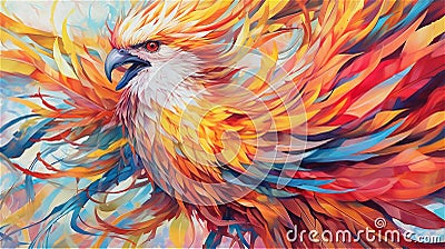 Generative AI, Resplendent Plumage: A Close-Up Glimpse of the Phoenix's Exquisite Feathers Stock Photo