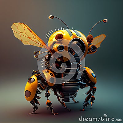 Generative AI, Robot cyborg bee, concept blockchain and technology networks, yellow mechanical insect. Steampunk cyberpunk style, Stock Photo