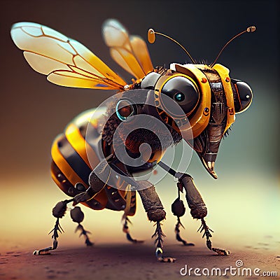 Generative AI, Robot cyborg bee, concept blockchain and technology networks, yellow mechanical insect. Steampunk cyberpunk style, Stock Photo