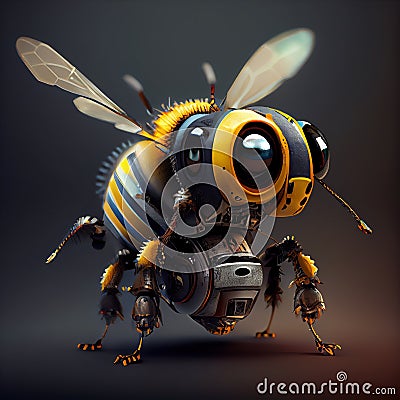 Generative AI, Robot cyborg bee, concept blockchain and technology networks, yellow mechanical insect Stock Photo