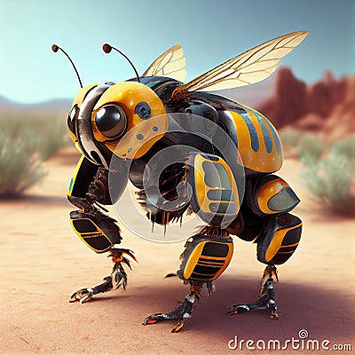 Generative AI, Robot cyborg bee, concept blockchain and technology networks, yellow mechanical insect. Steampunk cyberpunk style, Stock Photo