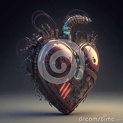 Generative AI, Robot heart in cyberpunk style, futuristic illustration. Love, feelings, romantic St. Valentine`s Day concept. Sci Cartoon Illustration